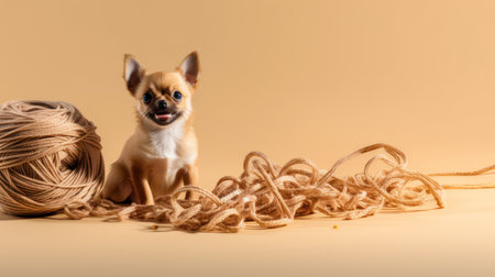 Chihuahua puppy with balls of thread on a yellow backgroundの素材