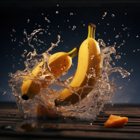 Fresh bananas falling into water with splashes on wooden table against dark backgroundの素材