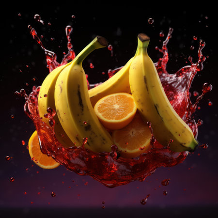 Fruit splashing into water on black background. 3d renderingの素材