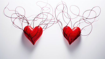 Two red hearts with tangled threads on white background. Valentine's Day conceptの素材