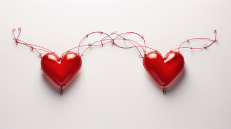 Two red heart-shaped balloons on white background. Valentine's day concept.の素材