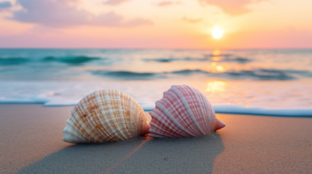 Two seashells on the beach at sunset. Sea background.の素材