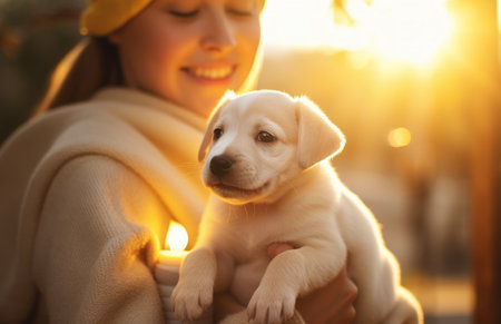 Beautiful young woman with cute dog at sunset. Pet adoption conceptの素材