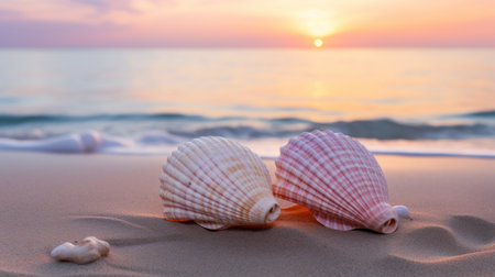 Sea shells on the beach at sunset or sunrise. Vacation conceptの素材