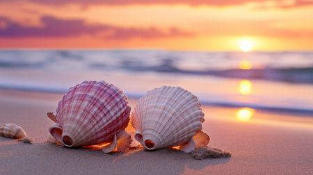 Seashells on the beach at sunset. Vacation conceptの素材