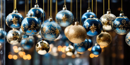 Blue and gold christmas baubles hanging on a shop windowの素材