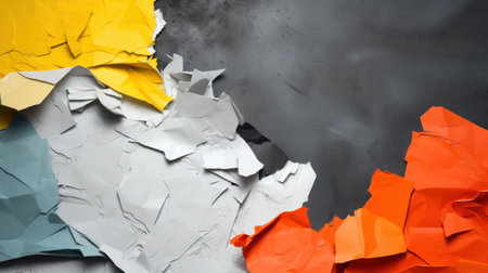 Pieces of torn paper on grey background. Crumpled paperの素材