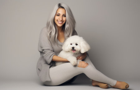 Portrait of a beautiful young woman sitting on the floor with her dogの素材
