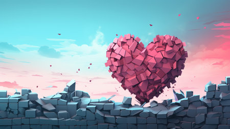 Broken heart in the wall. Conceptual 3d illustration.の素材
