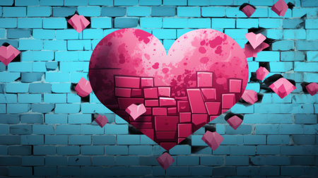 Heart on brick wall background 3D rendering. Valentine's day conceptの素材