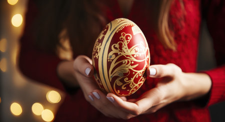 Easter egg in the hands of a girl in a red dressの素材