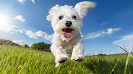 Cute Maltese dog running on green grass with blue sky backgroundの素材