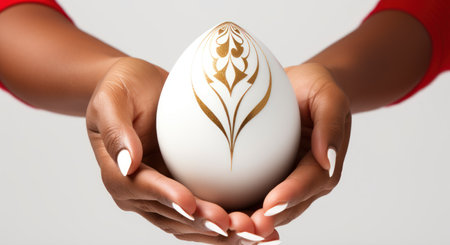 Beautiful woman hands holding easter egg on white background, closeupの素材