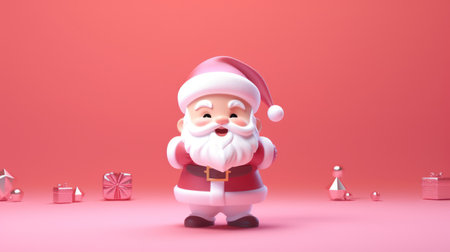 3d rendering of a cute santa claus standing next to giftsの素材