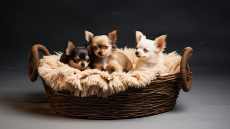 Group of chihuahua puppies in a basket on dark backgroundの素材