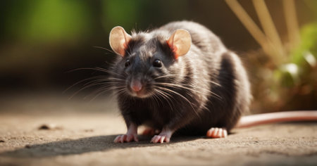 Gray rat on the ground. Close up. Shallow depth of field.の素材