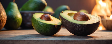 Avocado on a wooden table in front of a burning fireplace.の素材