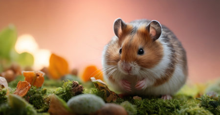 Hamster on green moss with autumn leaves and bokeh backgroundの素材