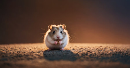 Hamster on a dark background in the rays of the setting sunの素材