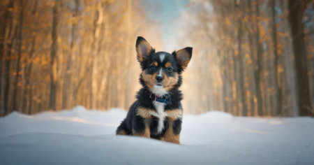 Puppy of australian shepherd in the winter forest.の素材