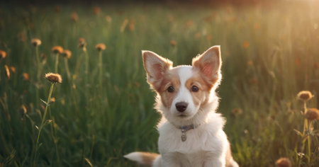 Cute red and white border collie dog sitting in grass at sunsetの素材