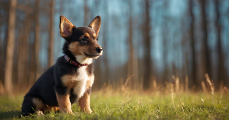 Cute puppy of welsh corgi pembroke in autumn parkの素材