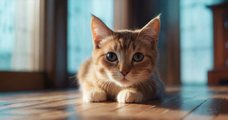 Cute ginger cat sitting on the floor and looking at camera.の素材