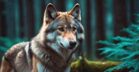 Close-up portrait of a wolf in the forest. Nature backgroundの素材