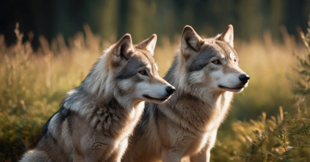 Two wolfdogs in the forest at sunset. Canis lupusの素材