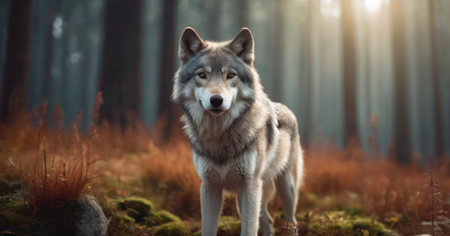 Portrait of a wolf in the forest. The wolf is standing in the autumn forest.の素材