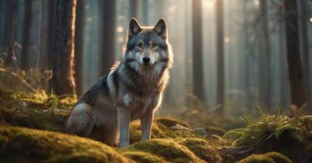 Grey wolf in the forest at sunrise. Beautiful nature scene with wild wolf.の素材