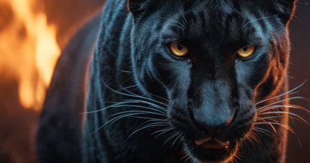 Black panther (Panthera leo) in front of a fireの素材