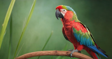 Red and green macaw sitting on a branch in the rainforestの素材