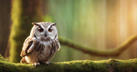 Long-eared owl (Strix nebulosa) sitting on a branch in the forestの素材