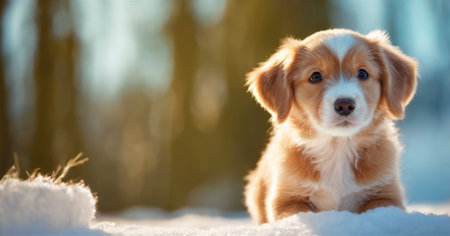 Cute red welsh corgi puppy sitting on snow in winter forestの素材