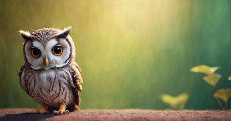 Portrait of a little owl sitting on the ground with green backgroundの素材