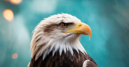 Bald Eagle closeup portrait with bokeh lights in backgroundの素材