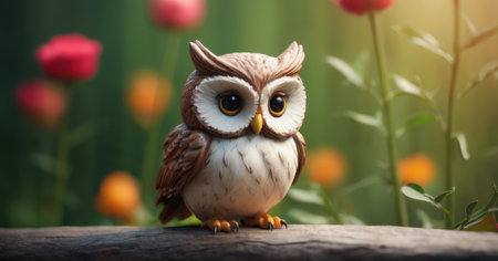 Owl in the garden with red tulips background, soft focusの素材