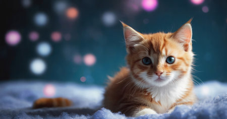 Cute ginger kitten on snow with bokeh lights background.の素材