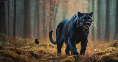Black panther walking in the woods. Big cat in the forest.の素材