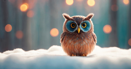 Cute owl sitting on snow with bokeh lights background.の素材