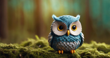 Cute blue owl sitting on a mossy branch in the forestの素材