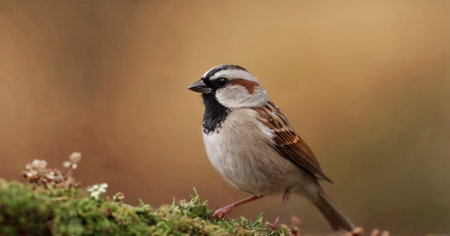 House Sparrow (Passer domesticus) perched on a mossy branchの素材
