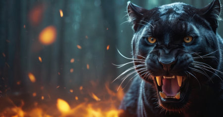 Black panther in front of a burning fire in the forest.の素材