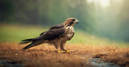 Buzzard, Buteo buteo, single bird on grass, Scotlandの素材