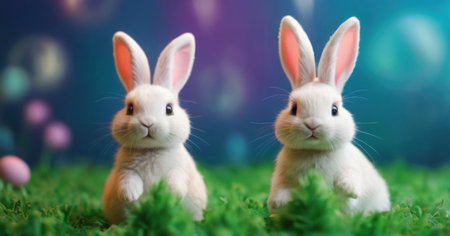 Easter bunnies on green grass with bokeh backgroundの素材