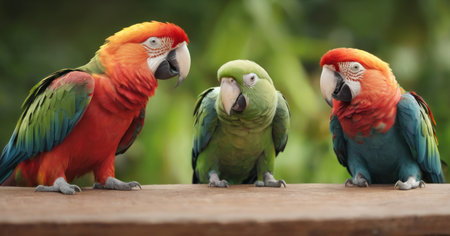 Three colorful macaws sitting on a wooden table against blurred background.の素材
