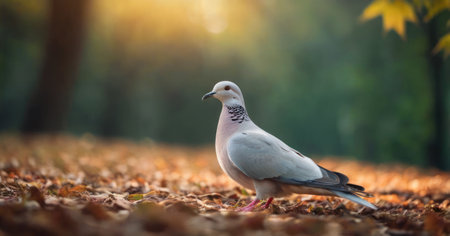 Pigeon on the autumn leaves in the park at sunset.の素材