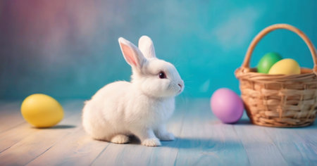 Cute white rabbit and easter eggs on blue background. Easter conceptの素材