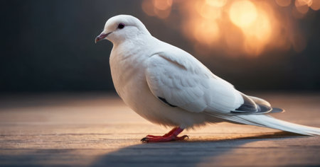White pigeon on a wooden background with bokeh lights in the backgroundの素材
